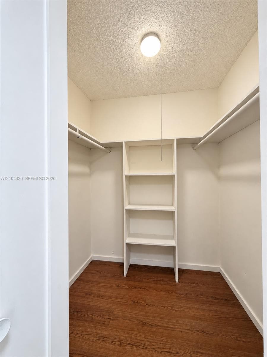 Walk-in closet featuring wood-finish flooring, built-in shelving, dual hanging rods, and a ceiling-mounted light fixture