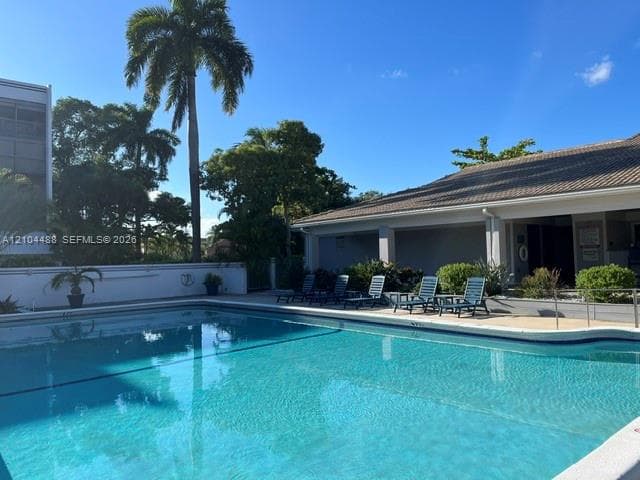 Swimming pool with concrete decking, surrounding perimeter wall, and mature palm trees