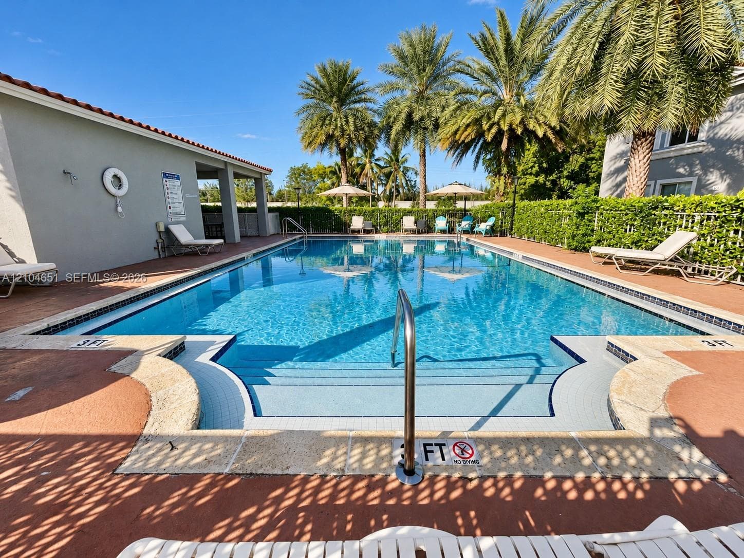 In-ground swimming pool featuring a tiled waterline, stone-finish coping, built-in steps, and a metal handrail, surrounded by a paved deck and mature palms