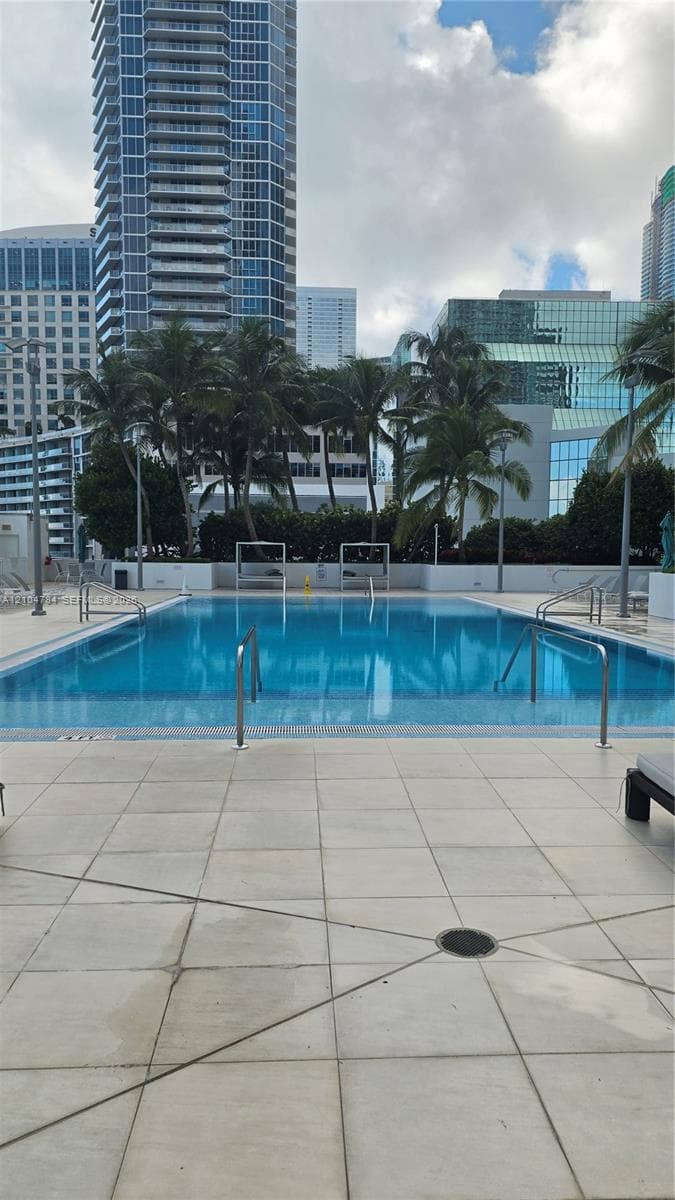 Swimming pool with metal handrails and tile decking, framed by palm trees and high-rise architecture