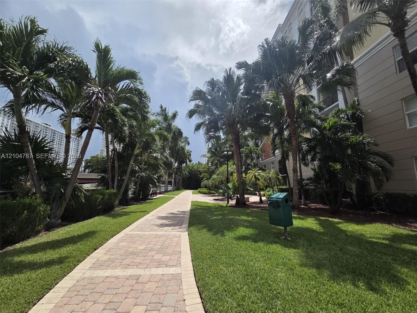 Paver walkway lined with mature palm trees and landscaped green space