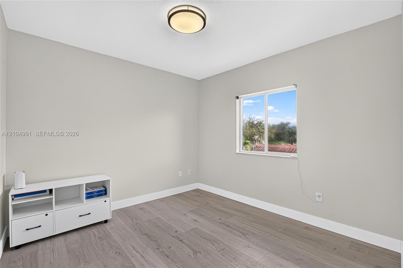 Neutral-toned interior featuring wood-finish flooring, a flush-mount ceiling light fixture, and a single-hung window
