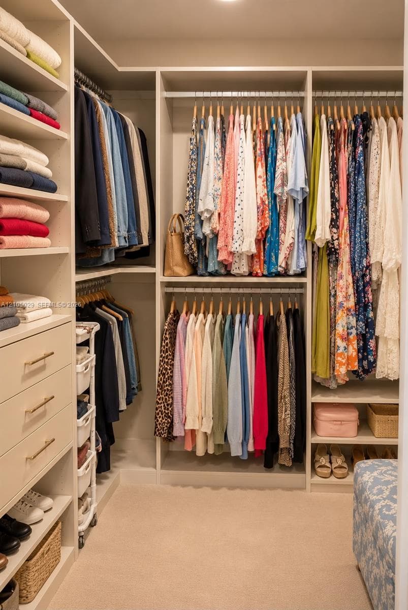 Walk-in closet featuring floor-to-ceiling custom shelving, dual-level hanging rods, and integrated built-in cabinetry with metallic pulls
