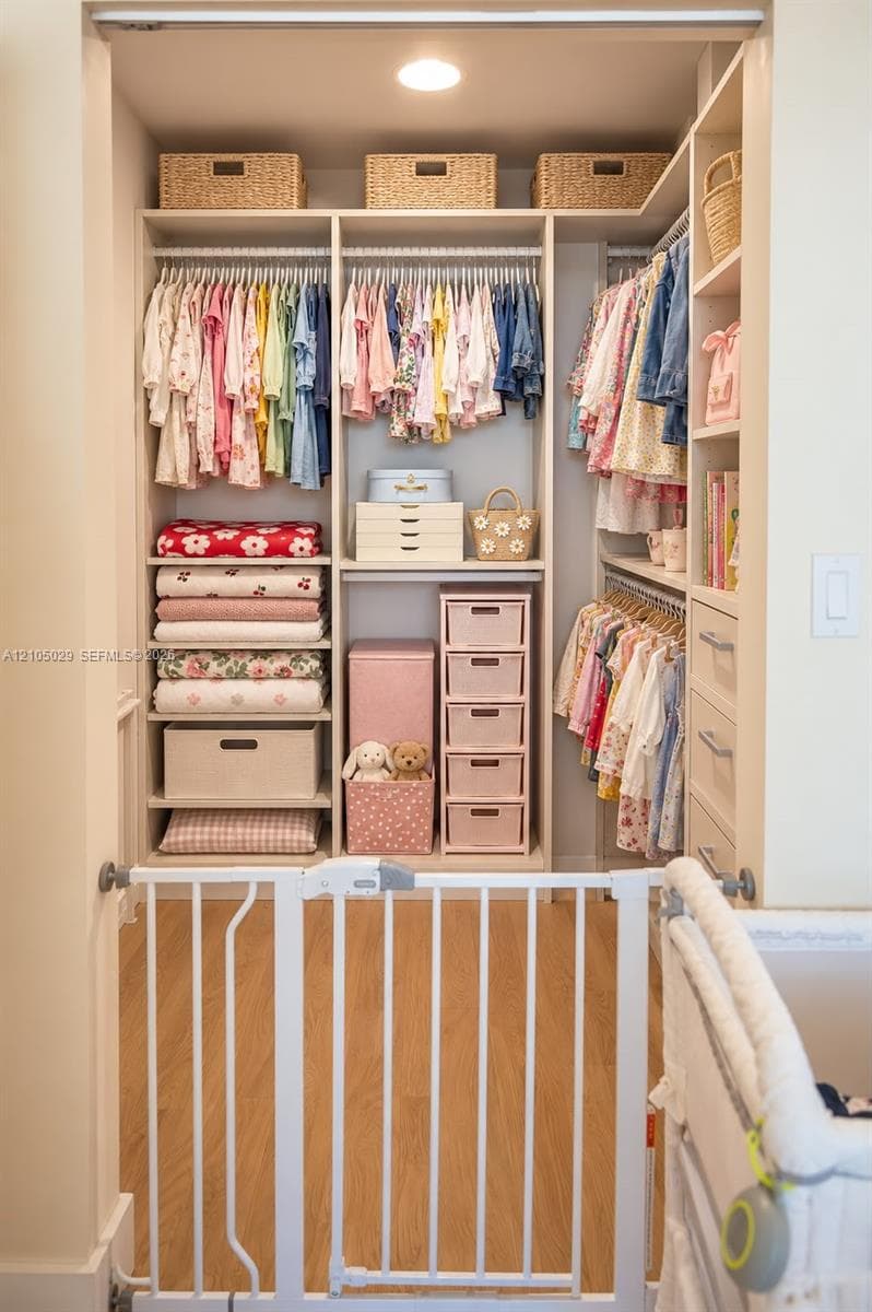 Walk-in closet featuring custom built-in shelving, multi-tier garment rods, stacked storage drawers, and wood-finish flooring