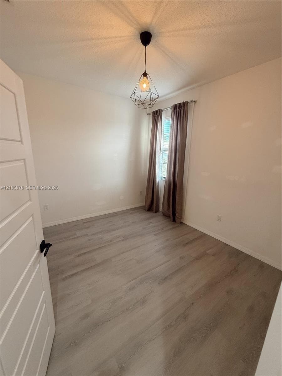 Room featuring wood-finish flooring, a geometric pendant light fixture, and a single-panel interior door with matte black hardware