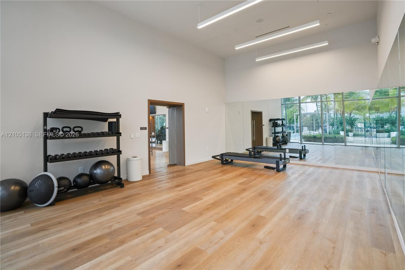 Spacious room featuring wood-finish flooring, a wall of mirrors, and linear overhead lighting