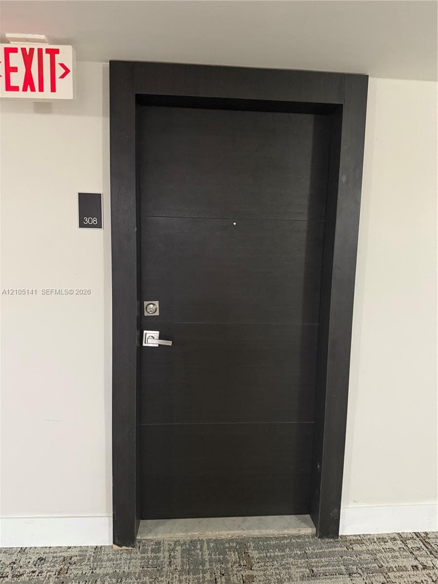 Solid dark-stained door featuring horizontal paneling, wide architectural casing, and brushed metallic hardware