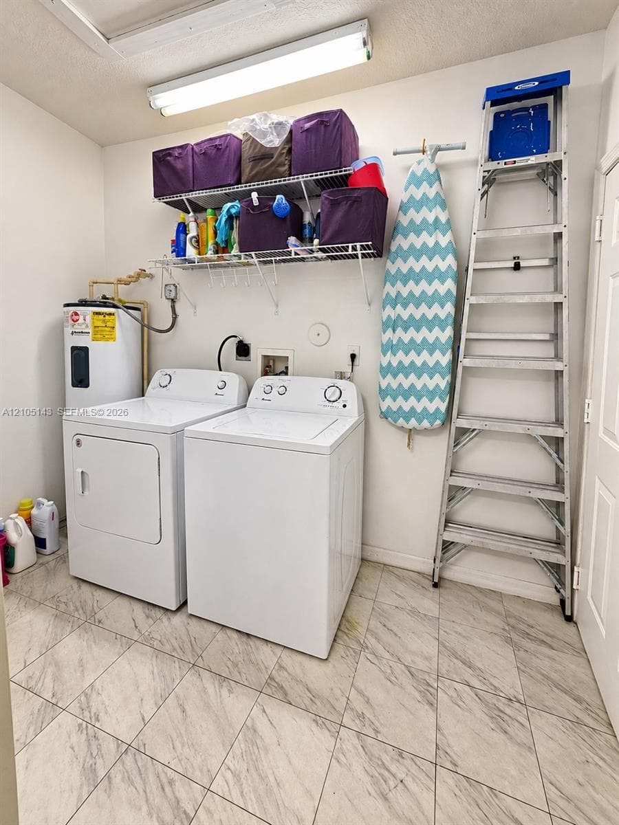 Tile flooring with a light-toned finish, wall-mounted shelving, and a water heater