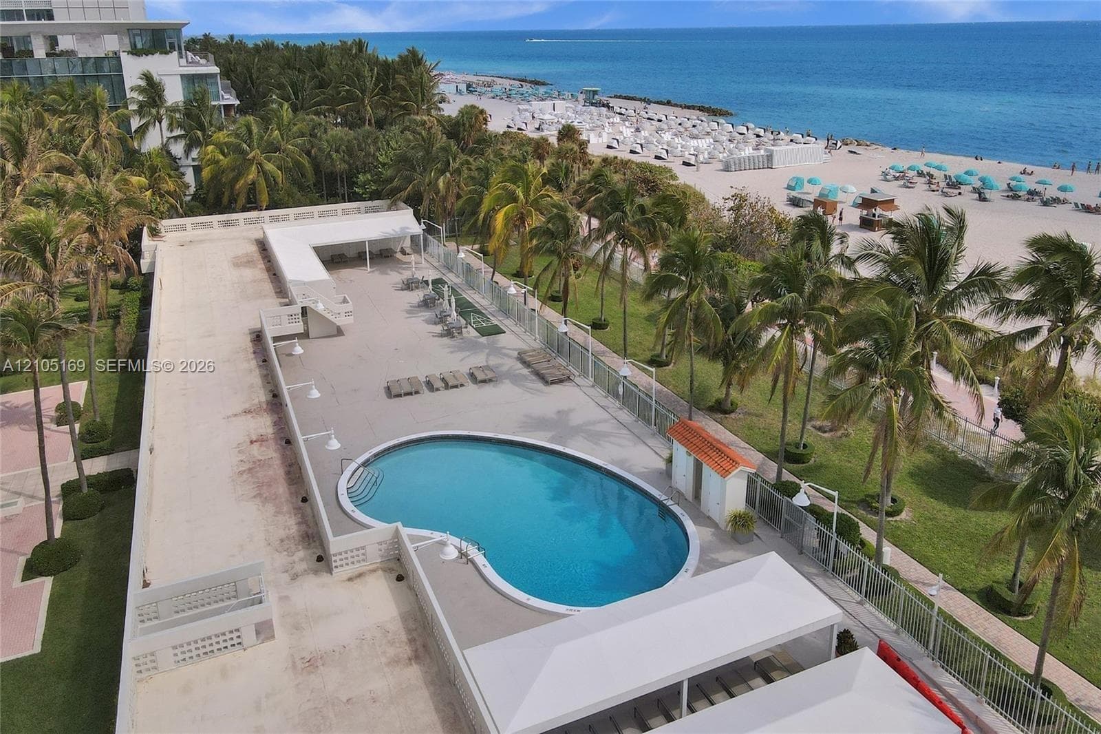 Outdoor swimming pool, paved pool deck, lush landscaping with palm trees, direct beach access, and oceanfront location