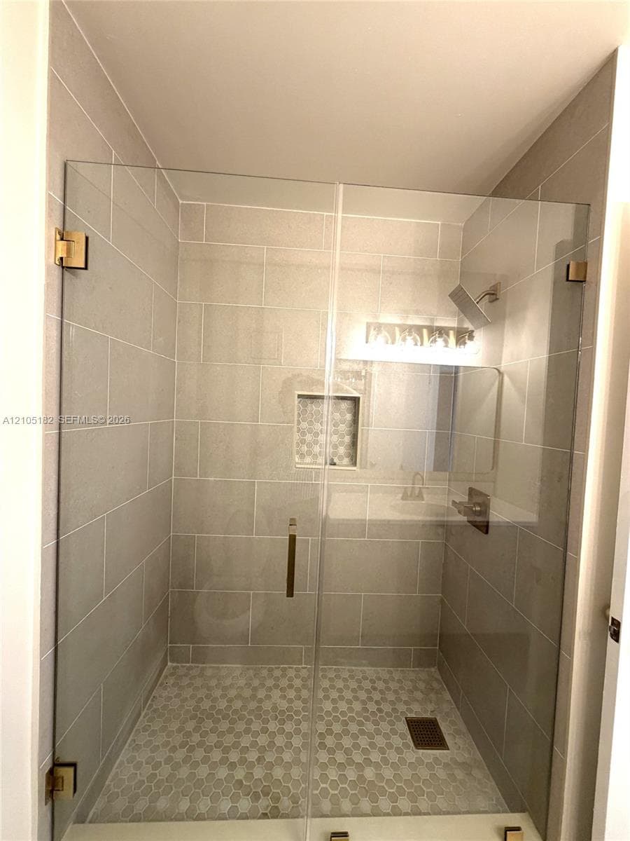 Glass-enclosed shower featuring large format wall tiles, hexagonal floor tiles, built-in niche, and brushed brass fixtures