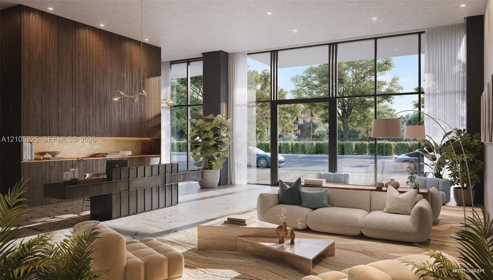 Lobby featuring floor-to-ceiling windows, full-height dark wood-finish wall paneling, built-in reception desk with integrated lighting, and recessed ceiling lighting