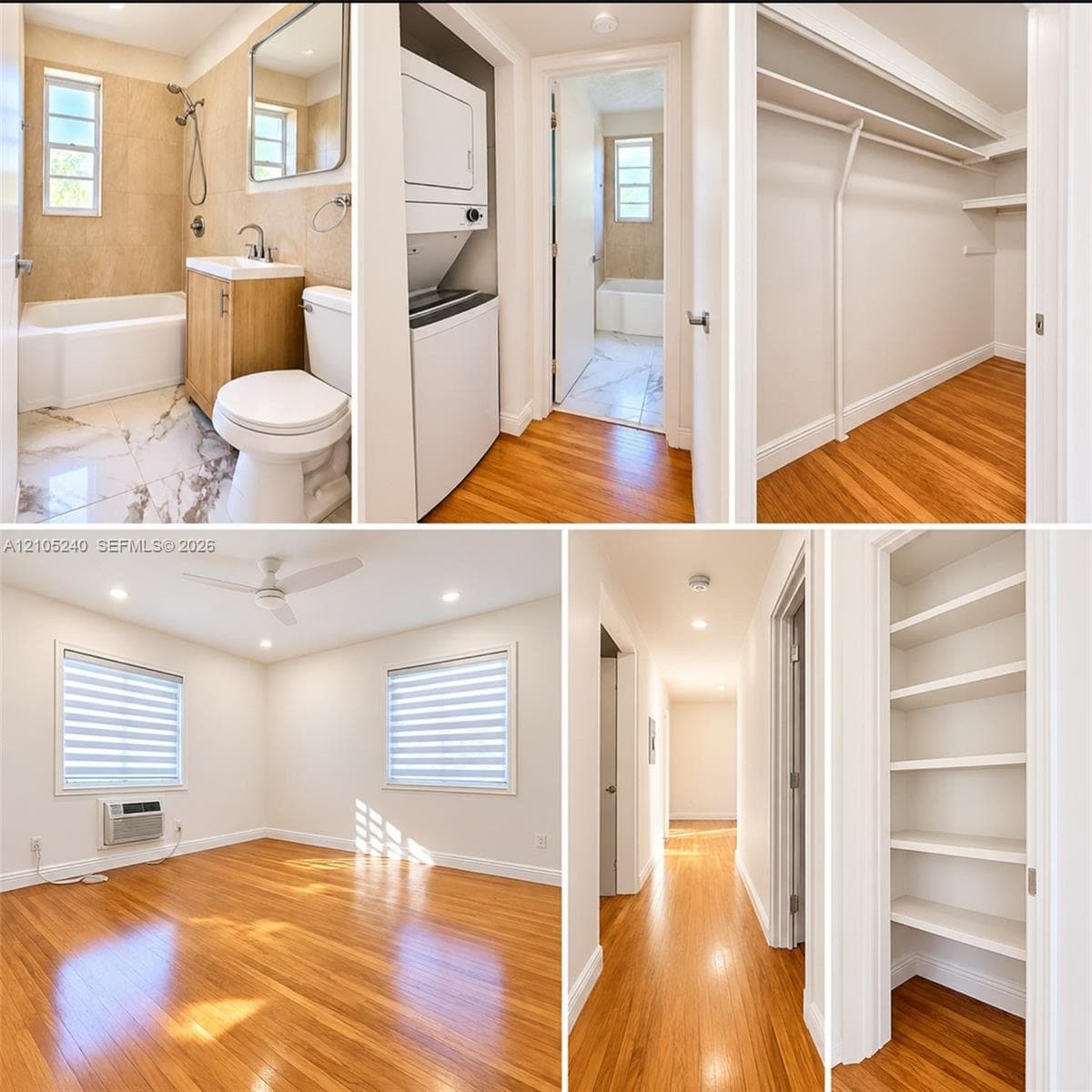 Property Photographic Inventory. Displaying the bathroom, laundry unit, closet space, living area, and hallway storage of the property