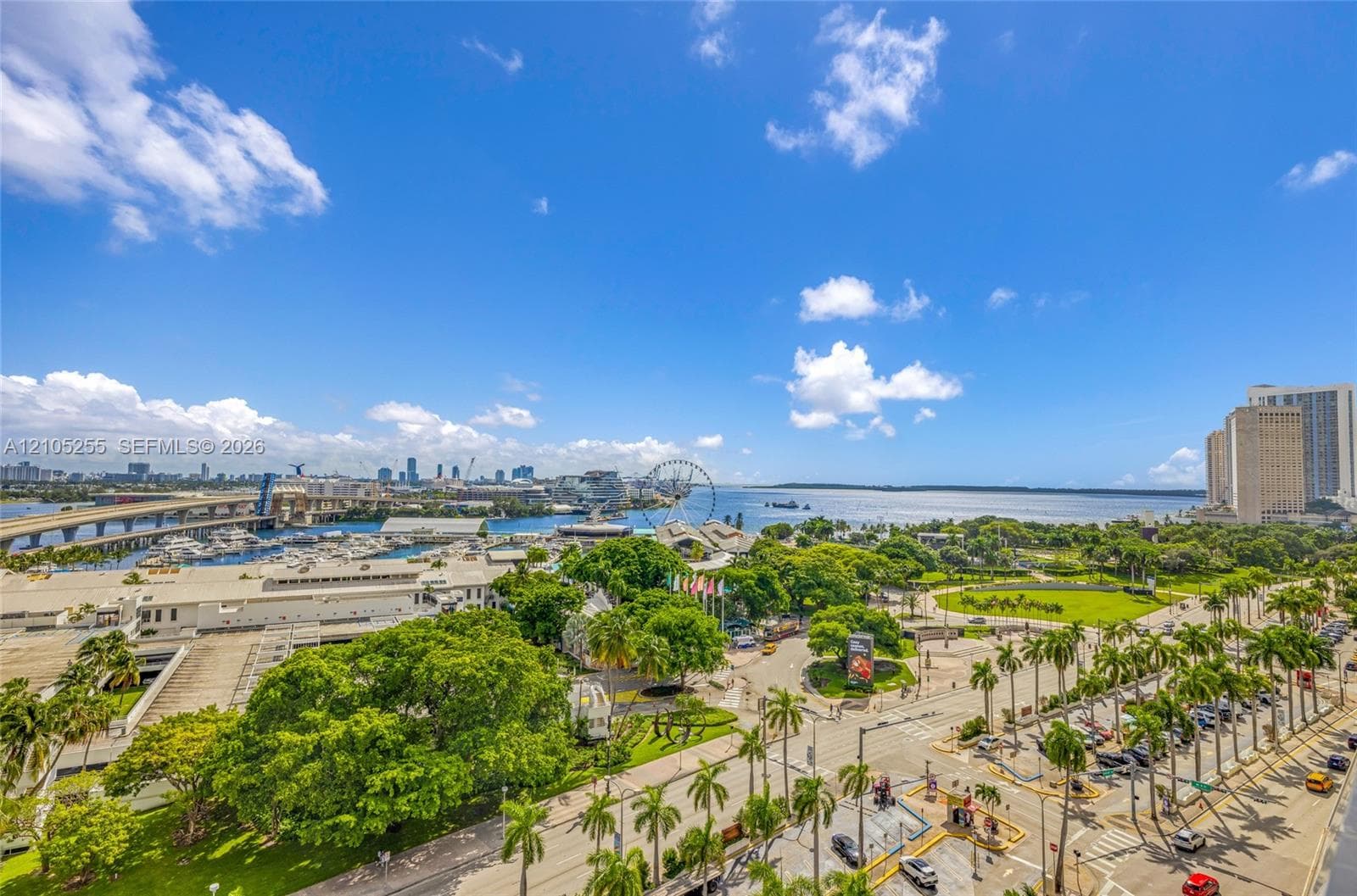Elevated perspective featuring coastal waters, a marina, and palm-lined urban landscaping