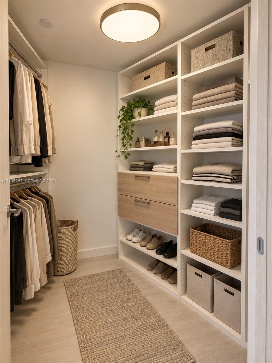 Walk-in closet featuring custom built-in white shelving, integrated wood-finish drawers, dual-level hanging rods, and a circular flush-mount ceiling fixture