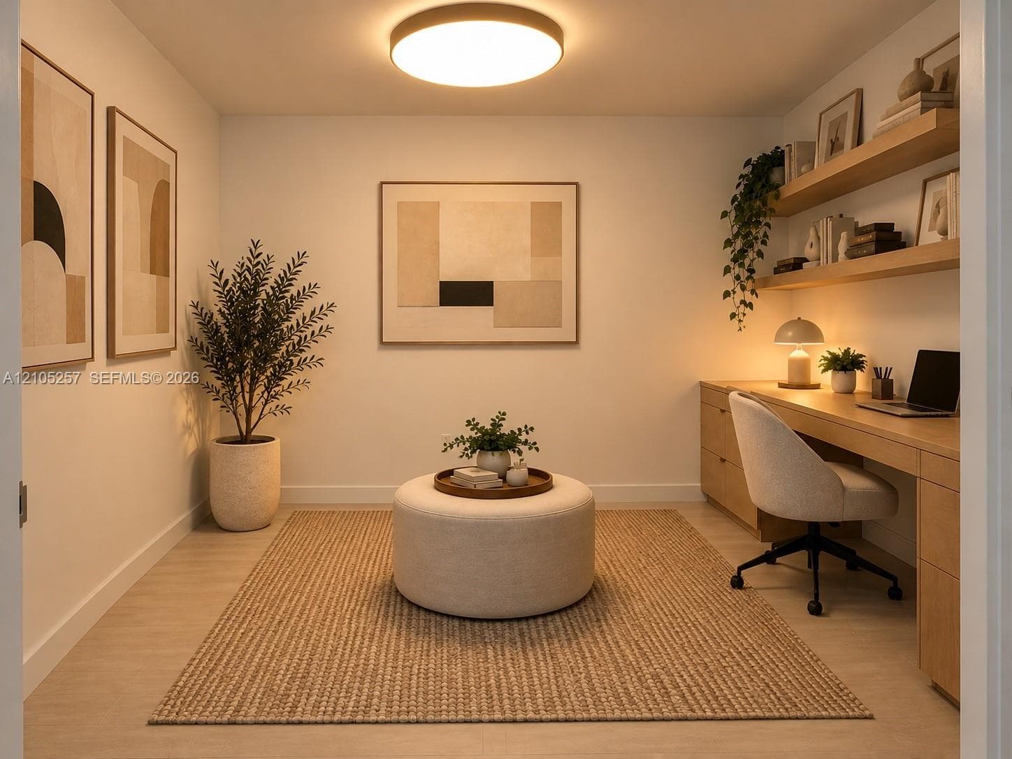 Built-in wood-finish cabinetry, floating wood shelving, recessed ceiling lighting, and smooth-finish walls