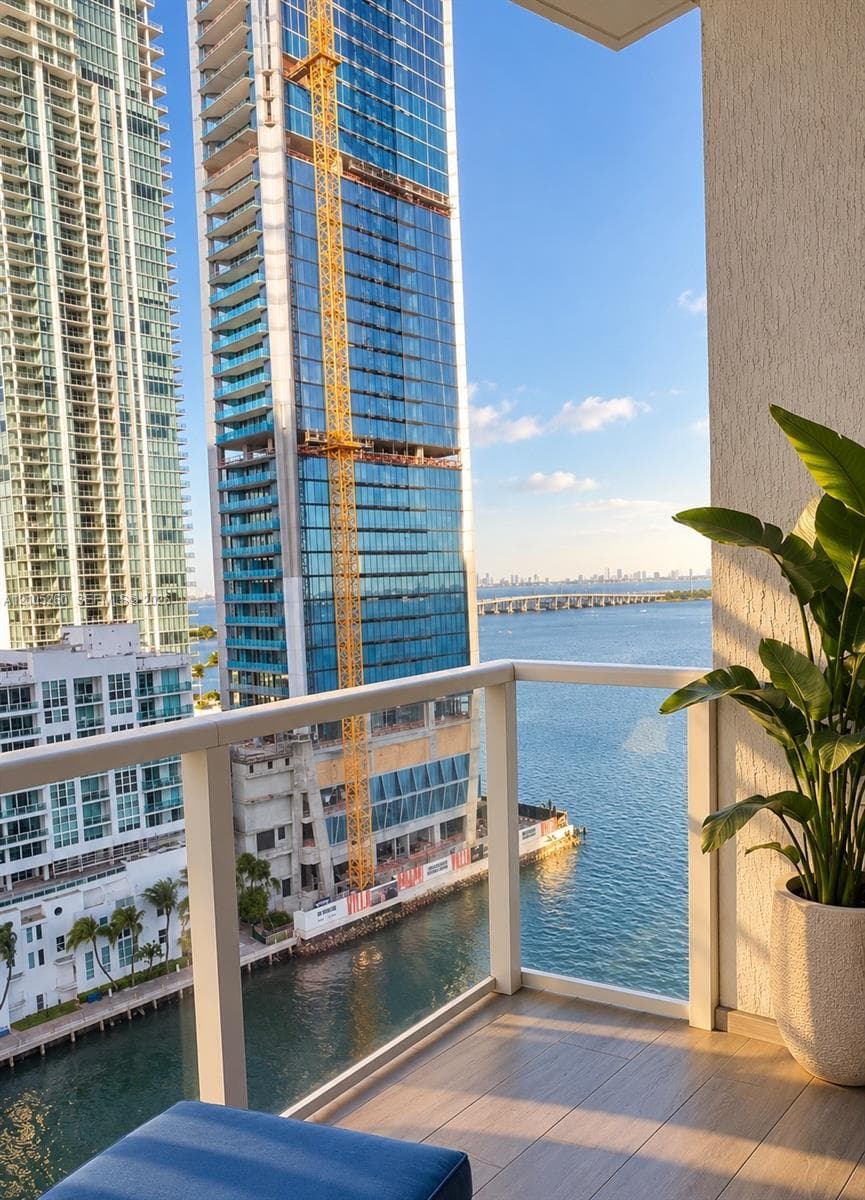 Private balcony with wood-finish flooring, white metal railing, and panoramic water and urban skyline scenery