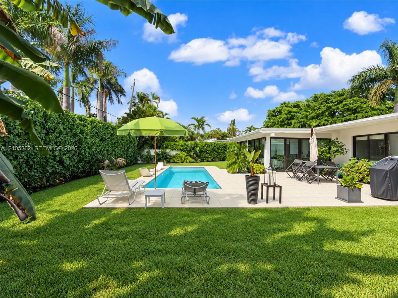 Expansive backyard featuring a lush lawn, privacy hedging, a rectangular swimming pool, and a spacious pool deck