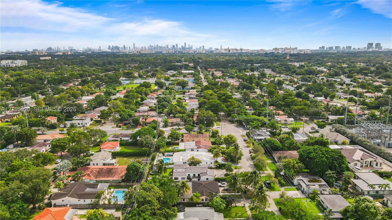 Residential neighborhood with mature trees and a distant skyline