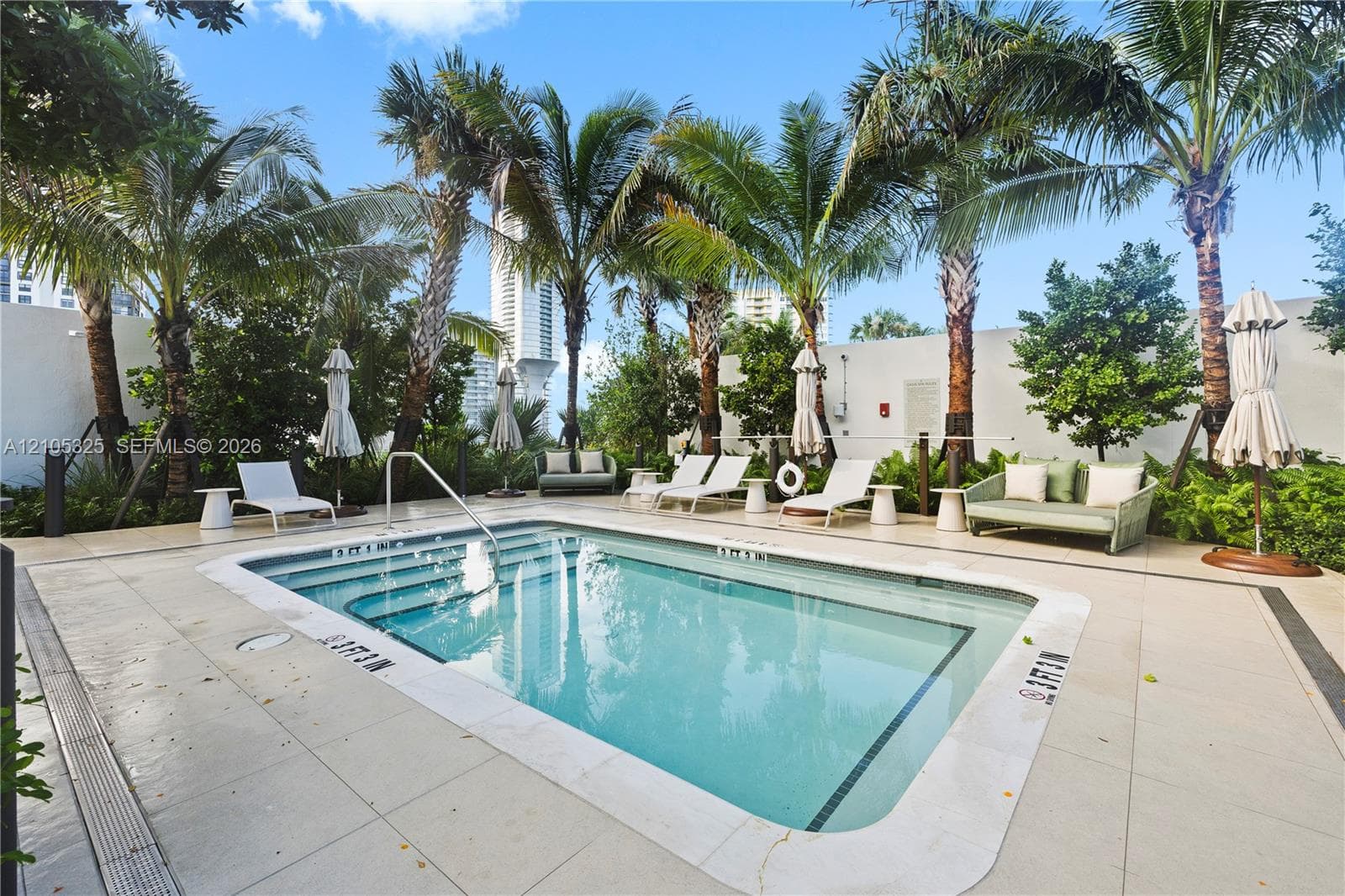 Swimming pool with integrated steps, surrounded by mature palm trees and lush landscaping