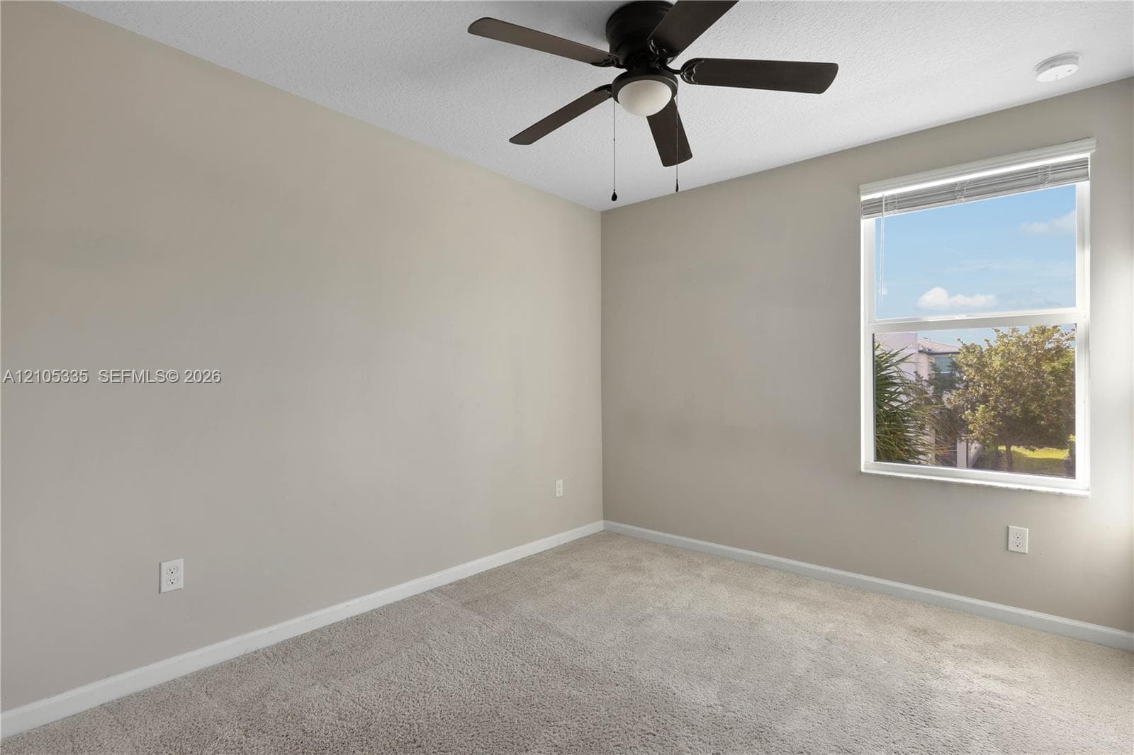Neutral paint palette, textured carpeting, contemporary ceiling fan, and a double-hung window