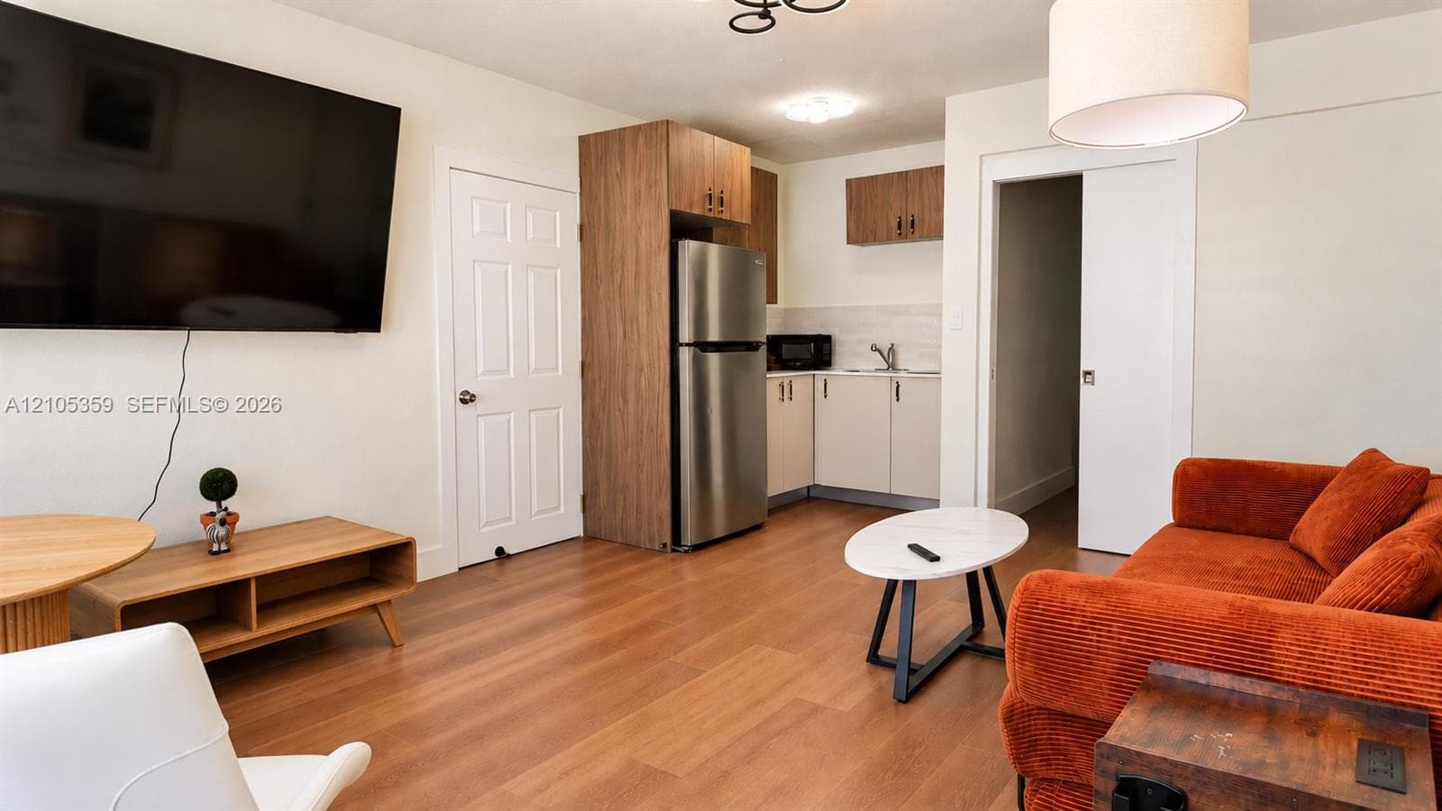Open-concept living space with wood-finish flooring, a compact kitchen area featuring stainless steel appliances, and ceiling-mounted lighting