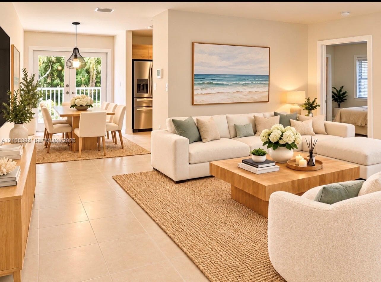 Tile flooring throughout with a light neutral finish virtual staging