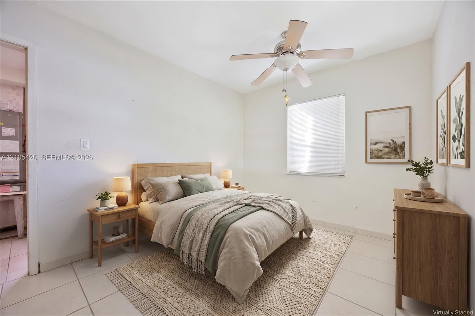 White tile flooring, ceiling fan with integrated lighting, and a window with blinds
