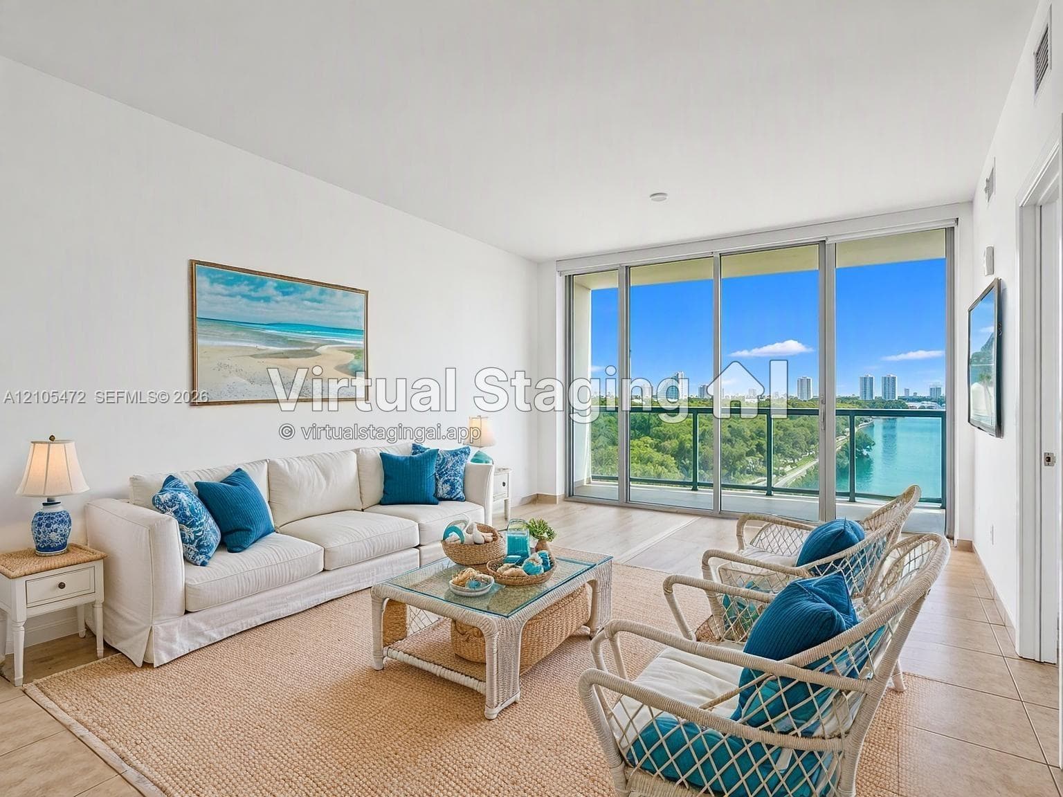 Living area featuring expansive floor-to-ceiling glass sliding doors, neutral tile flooring, and a glass-paneled balcony railing with water and urban scenery- AI Staging Example