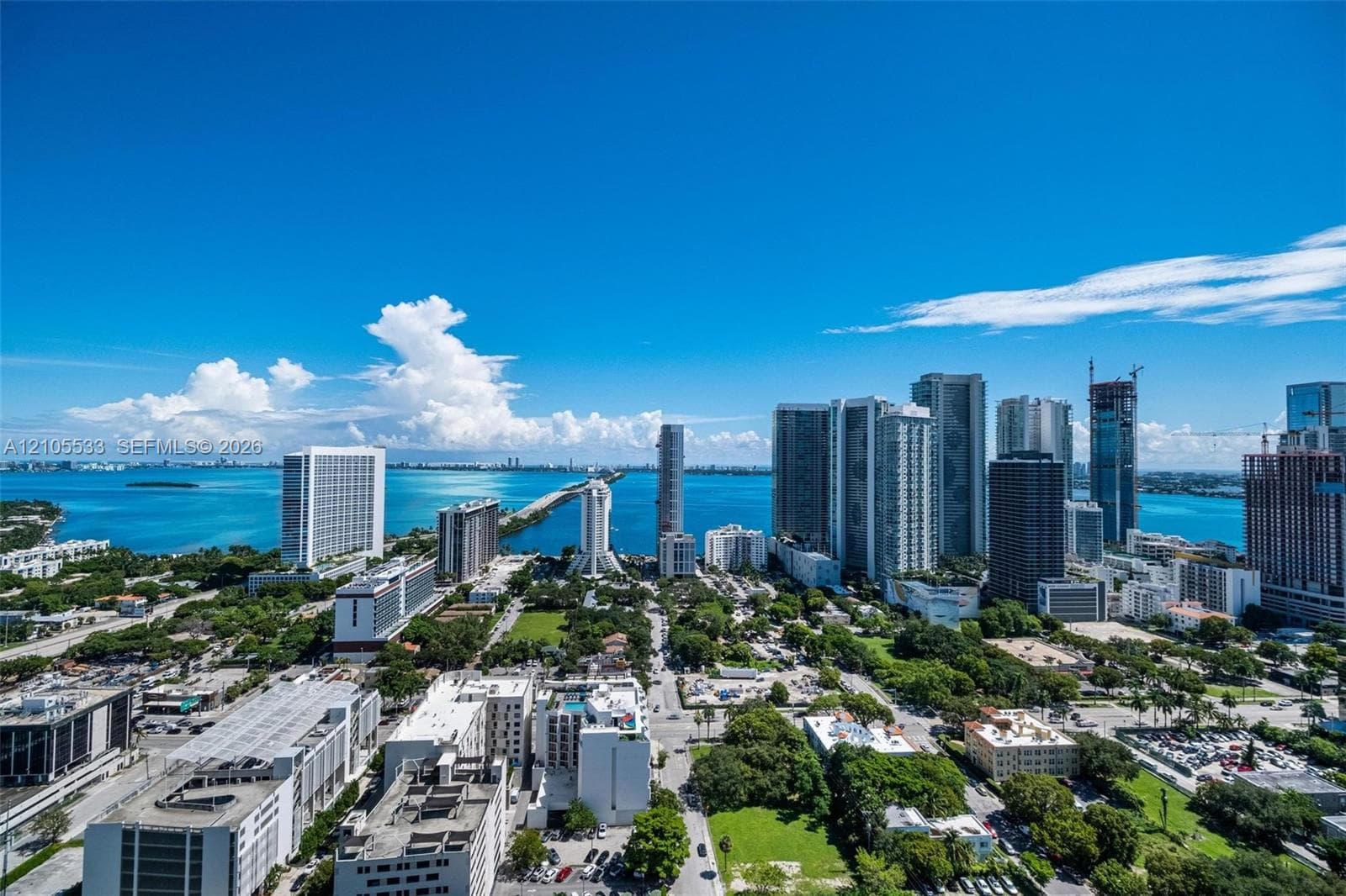 Aerial perspective featuring a metropolitan skyline, coastal waterway, bridge infrastructure, and dense urban greenery
