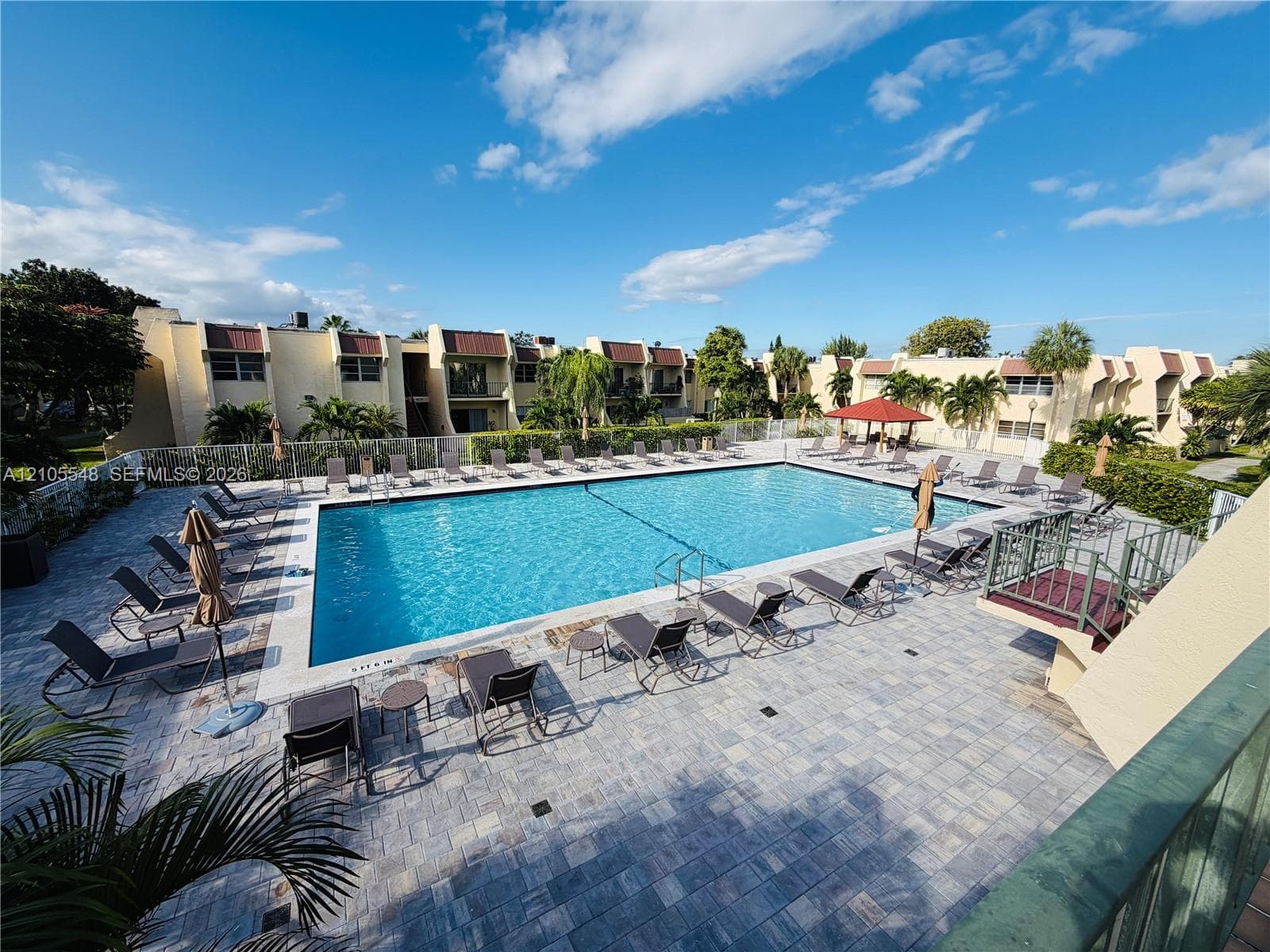 Paved roadway lined with mature palm trees, manicured hedges, and tropical landscaping