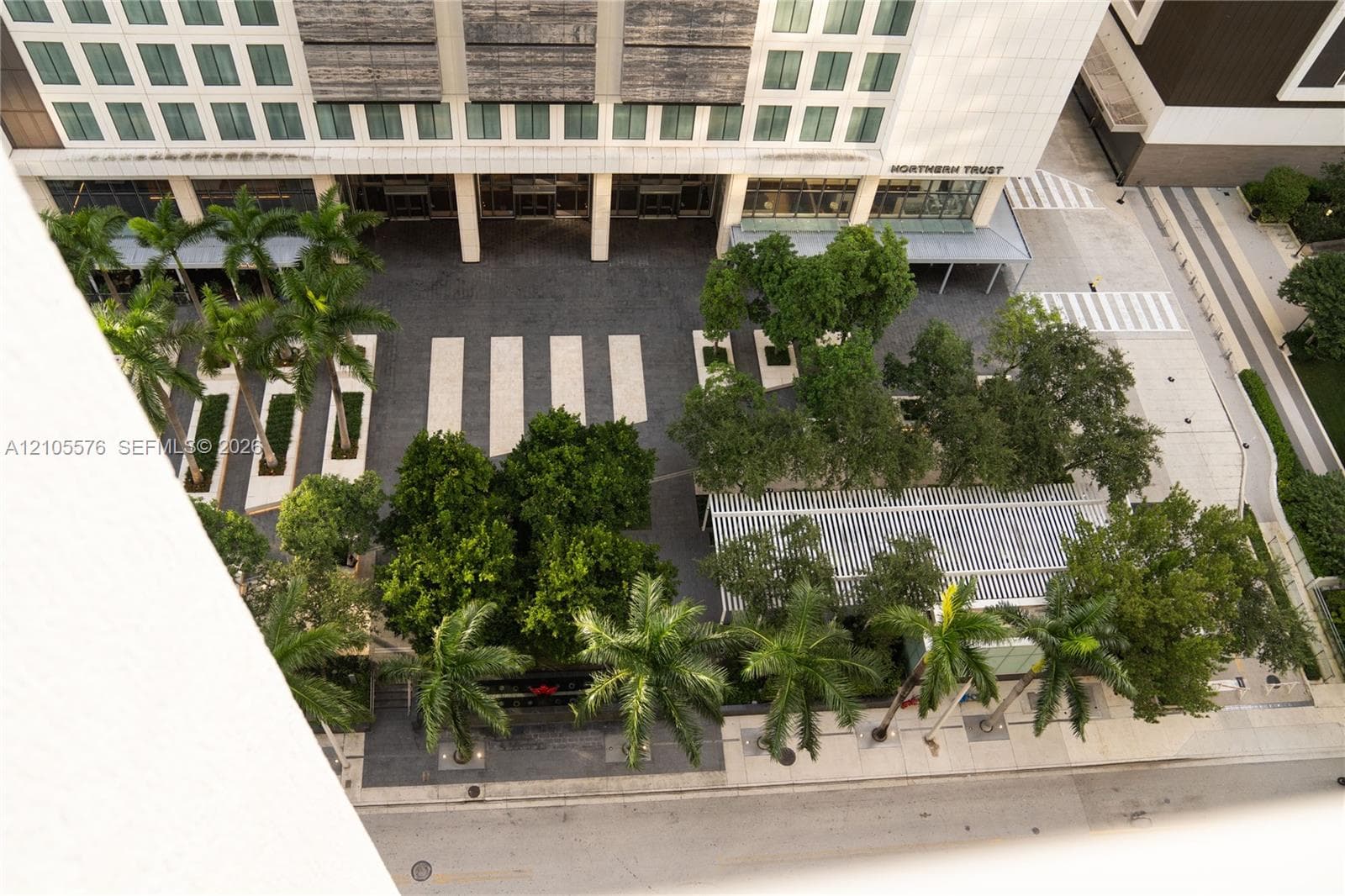 Aerial perspective of a multi-story building exterior featuring a paved plaza, concrete pedestrian pathways, mature palm trees, integrated landscaping, and a louvered metal pergola