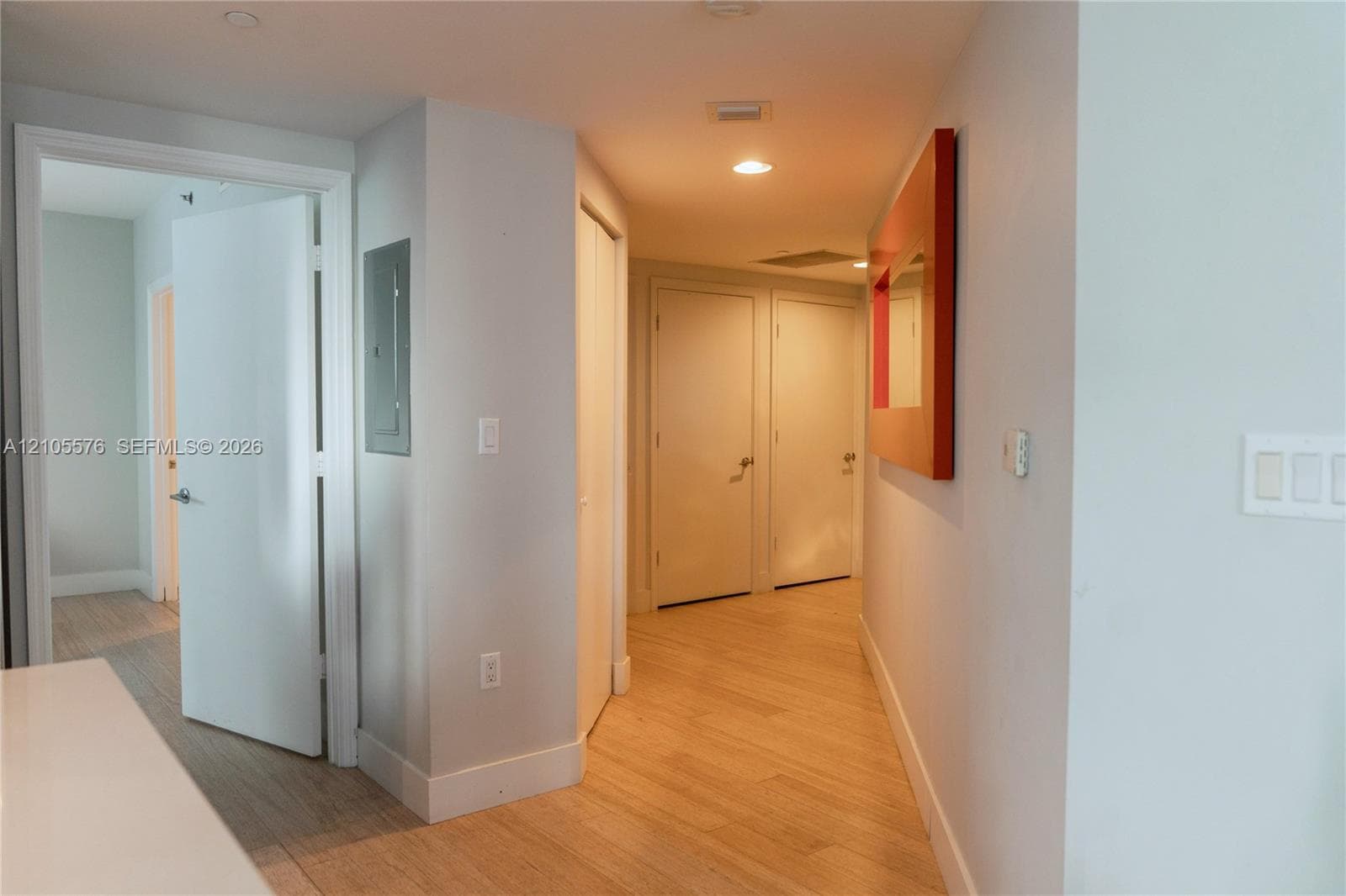 Interior hallway featuring wood-finish flooring, recessed lighting, and multiple panel doors