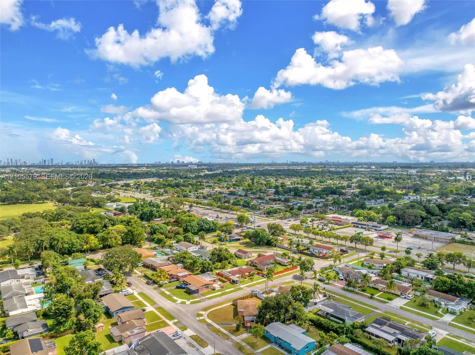Aerial perspective of a suburban setting featuring established landscaping, grid-patterned residential streets, mature canopy trees, and an expansive horizon line