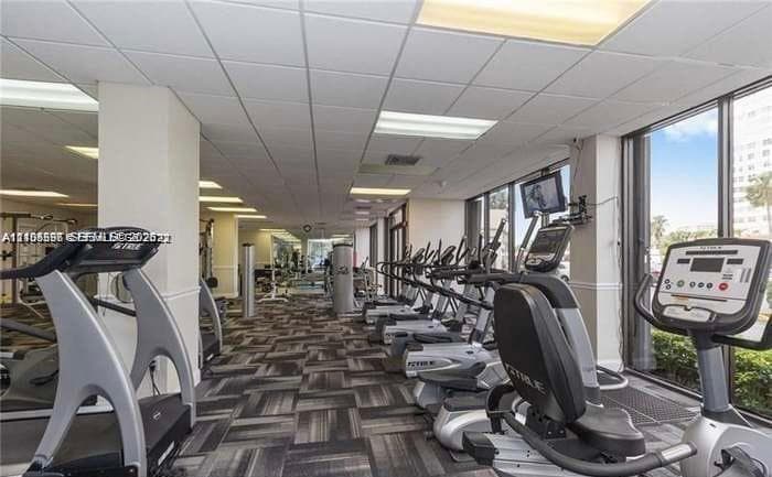 Fitness center featuring floor-to-ceiling windows, drop-tile ceiling with recessed lighting, and patterned modular carpeting
