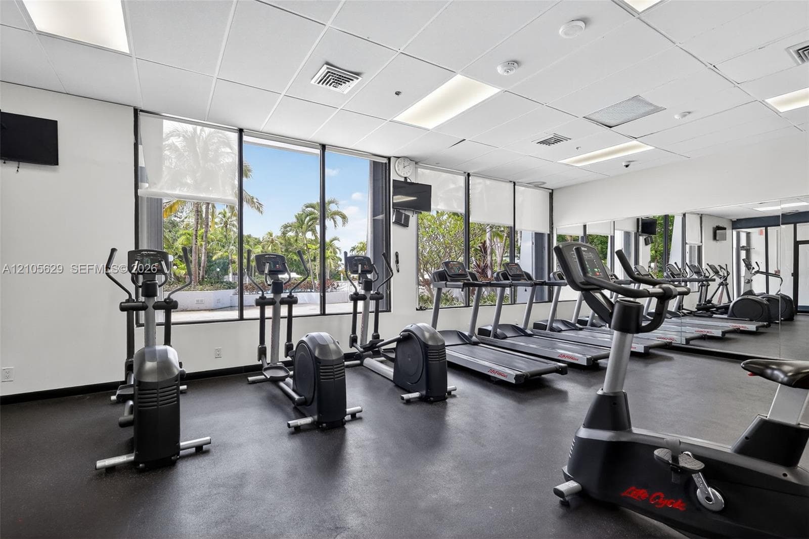 Fitness center featuring floor-to-ceiling windows, mirrored walls, suspended ceiling panels, and resilient rubber flooring