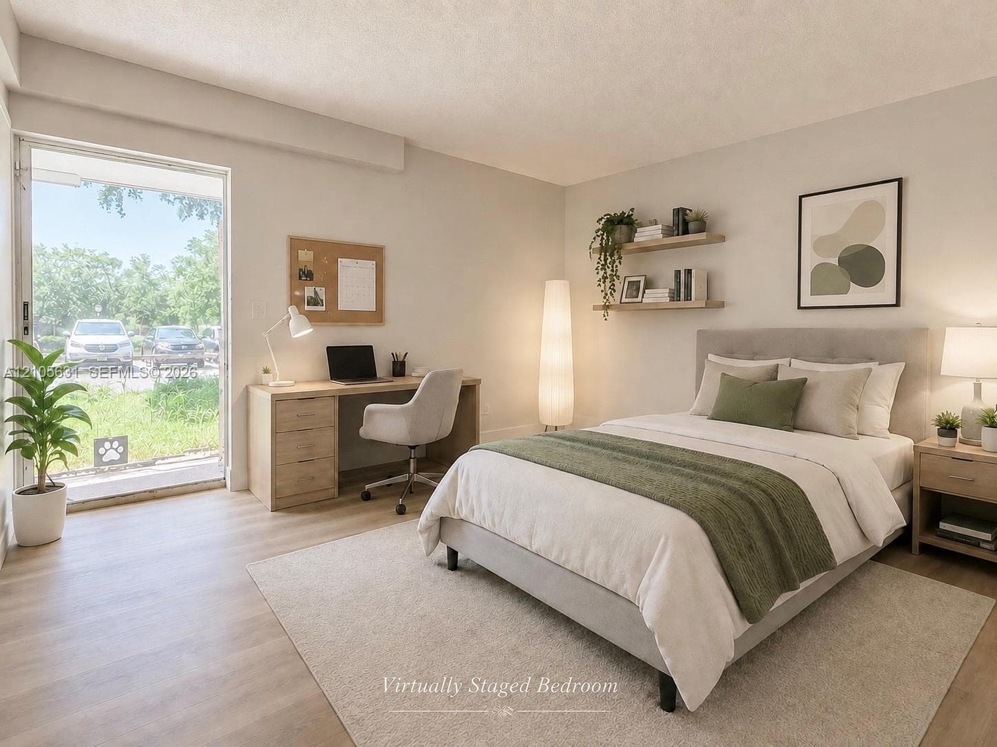 Neutral-toned living space featuring light wood-finish flooring, wall-mounted wood floating shelves, and a sliding glass door providing natural light