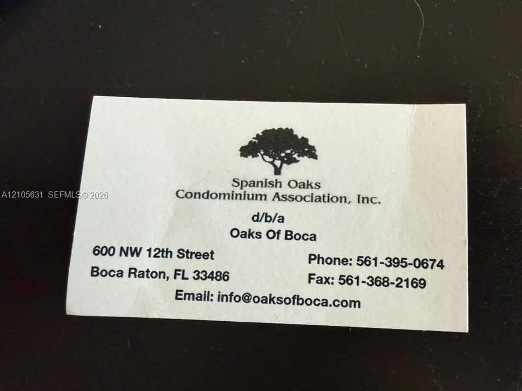 Condominium Association Business Card. Providing official entity name and contact information for the property management office