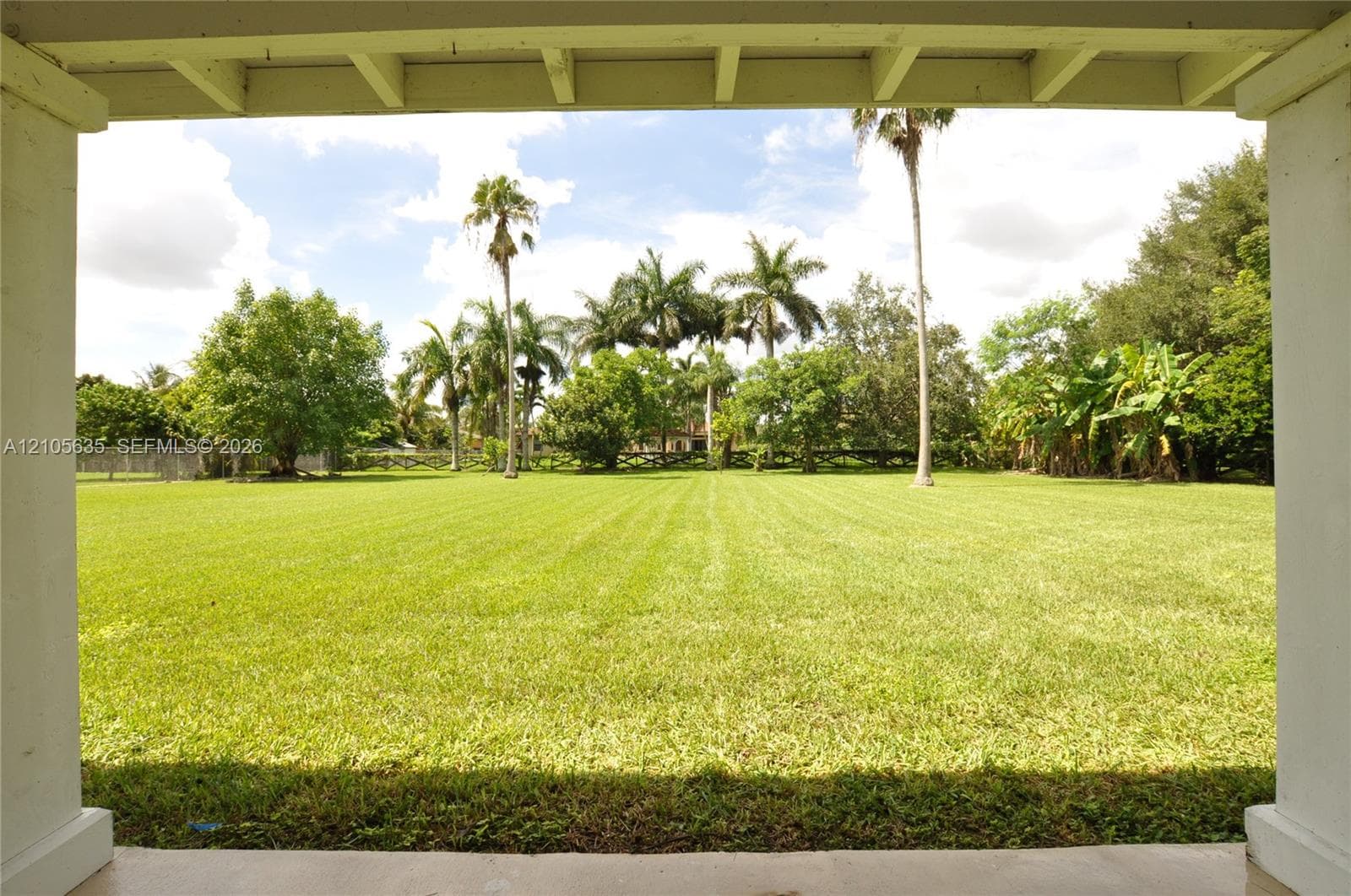 Expansive backyard featuring a large grass lawn, mature palm trees, perimeter fencing, and a covered porch with structural columns