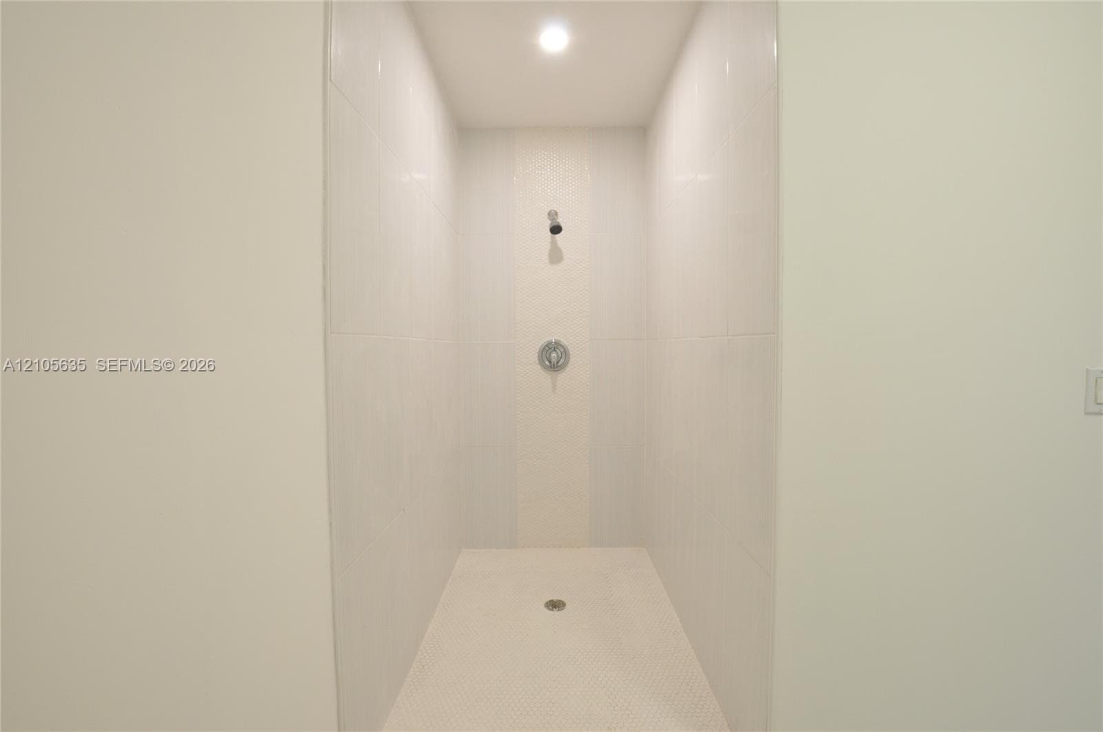 Walk-in shower featuring large-format wall tile, mosaic tile accent inlay, circular shower head, and recessed ceiling lighting