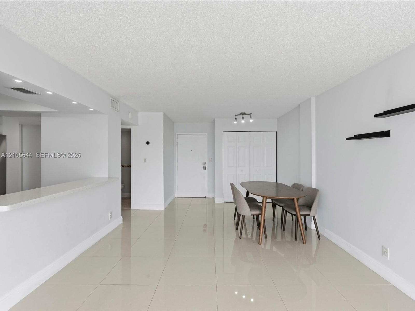 Large-format tile flooring, open-concept kitchen pass-through counter, ceiling-mounted track lighting, and built-in closet with paneled doors
