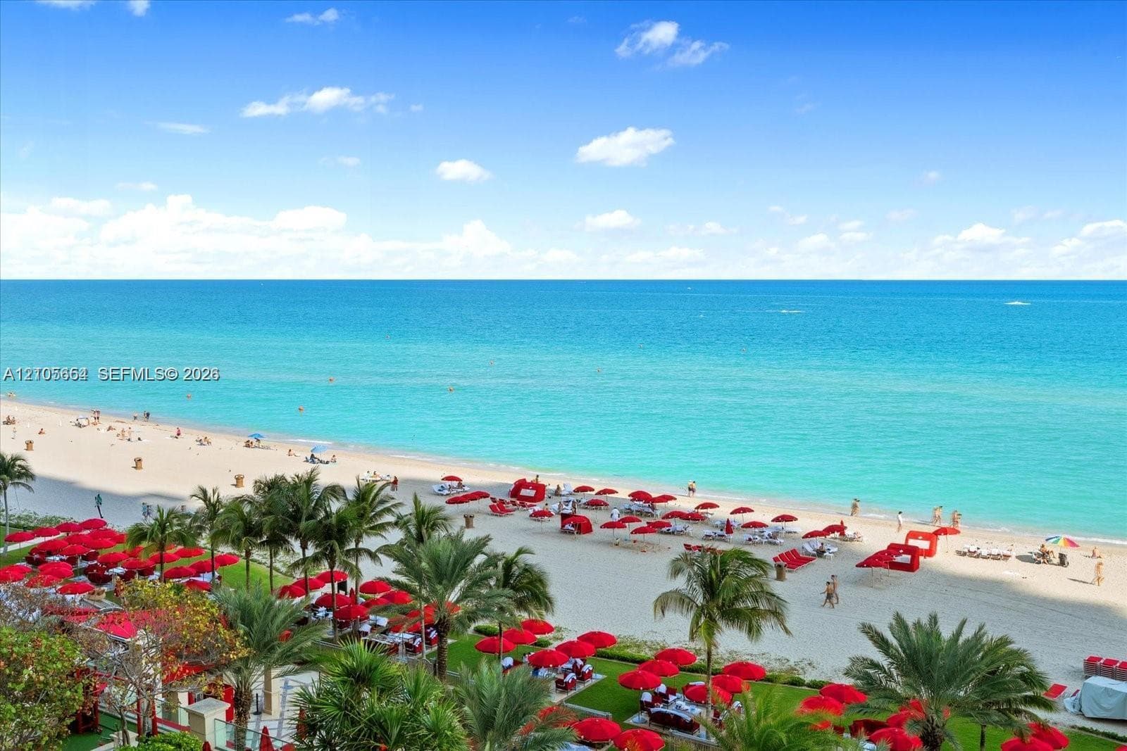 Oceanfront property featuring direct beach access, mature palm trees, manicured landscaping, and expansive sandy shoreline