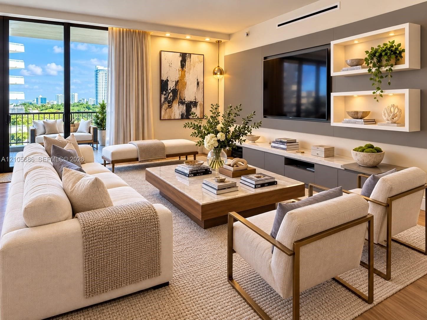 Living area featuring floor-to-ceiling sliding glass doors, built-in recessed shelving with integrated lighting, a custom wall-mounted media console, and wood-finish flooring