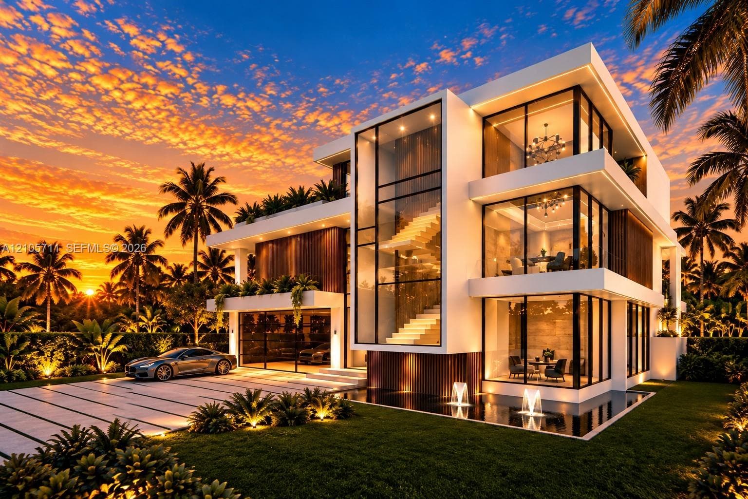 Modern three-story architectural exterior featuring floor-to-ceiling glass paneling, vertical wood-finish accents, an integrated reflective pool, and a multi-level terraced structure