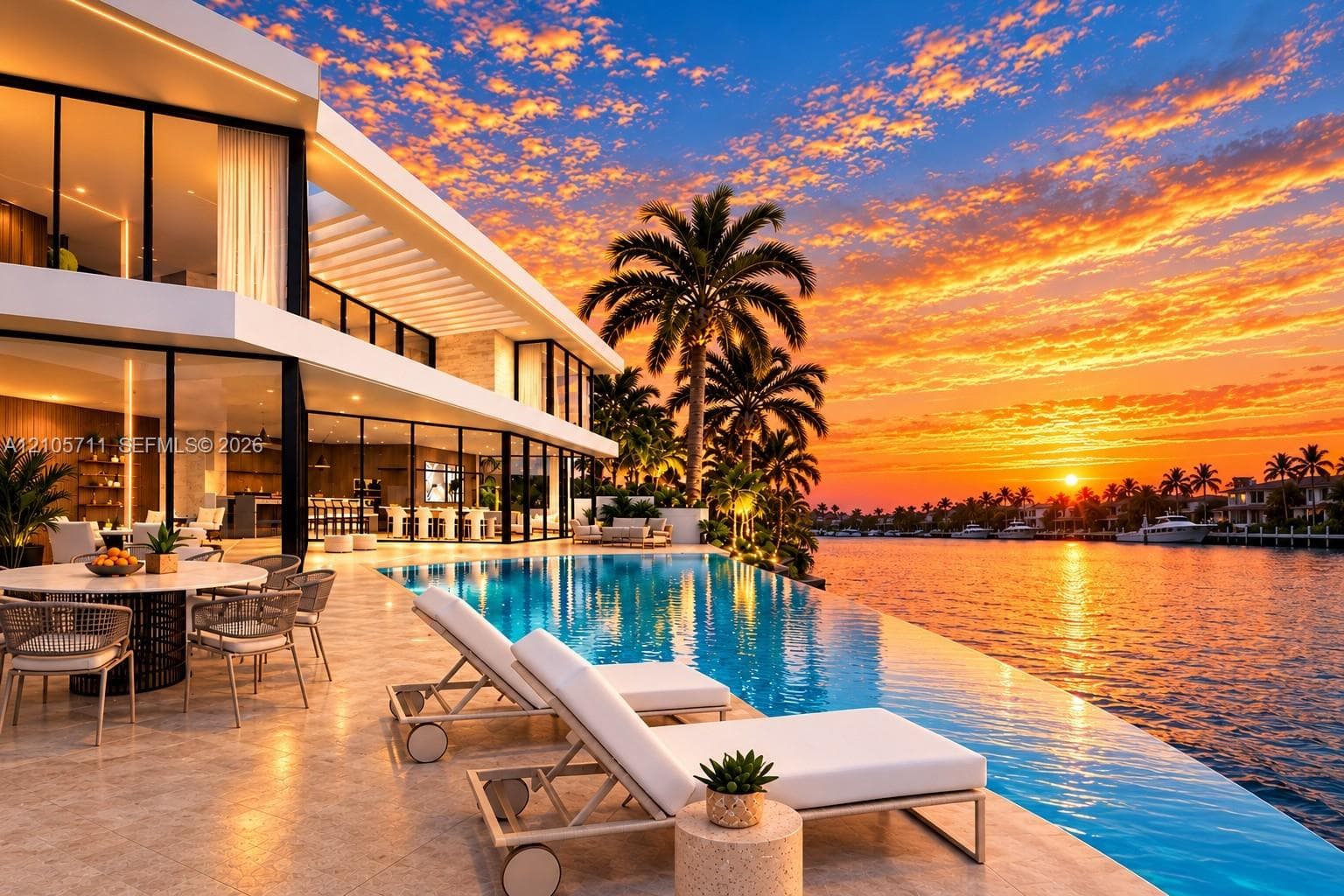 Modern architectural residence featuring floor-to-ceiling glass wall systems, expansive stone-paved patio, and a waterfront infinity-edge pool