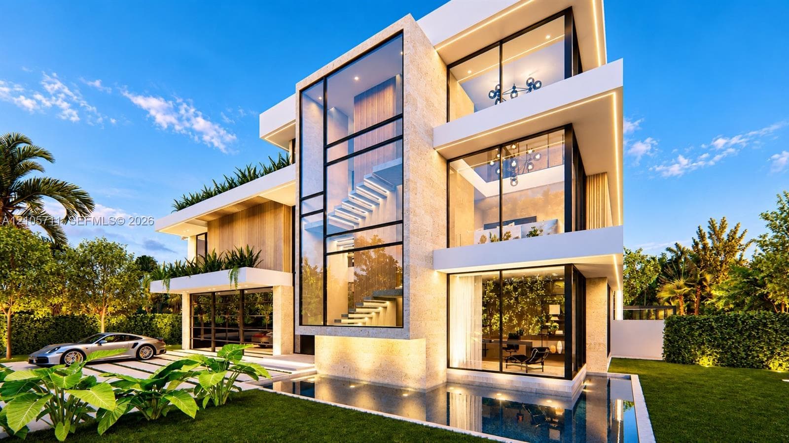 Contemporary three-story residence featuring expansive floor-to-ceiling glass paneling, structured stone exterior facade, cantilevered architectural balconies, and integrated water feature