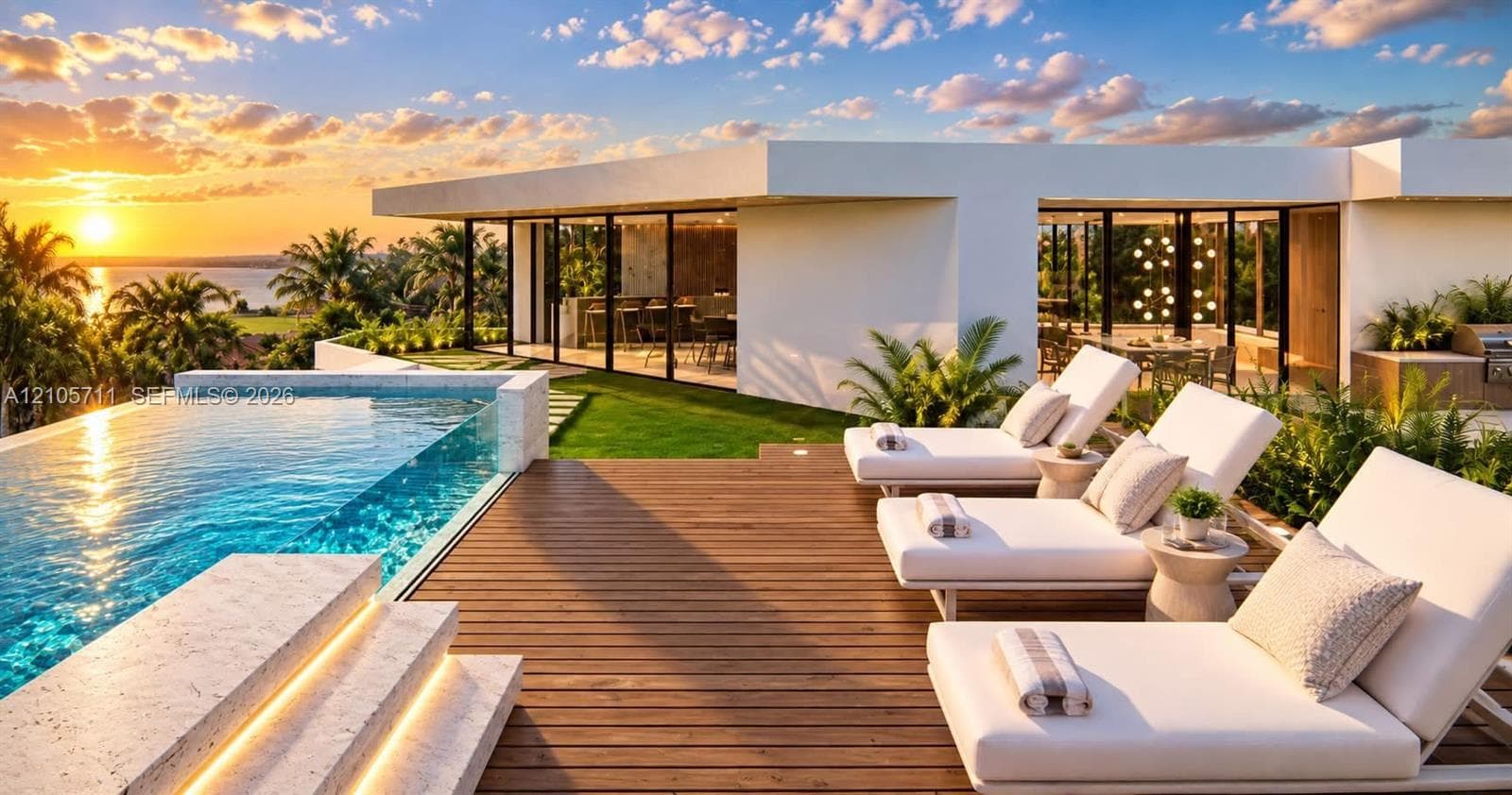 Infinity-edge pool with stone surround, expansive wood-finish deck, floor-to-ceiling glass wall systems, and built-in outdoor kitchen, set against a waterfront sunset backdrop