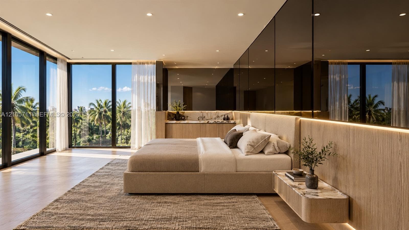 Floor-to-ceiling glass walls, expansive wood-paneling, integrated recessed lighting, stone-top floating cabinetry, and full-wall reflective paneling