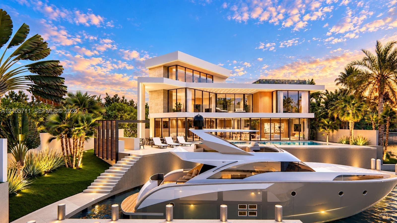 Modern multi-level residence featuring expansive floor-to-ceiling glass walls, integrated private boat slip, rectangular swimming pool, and stone patio hardscaping