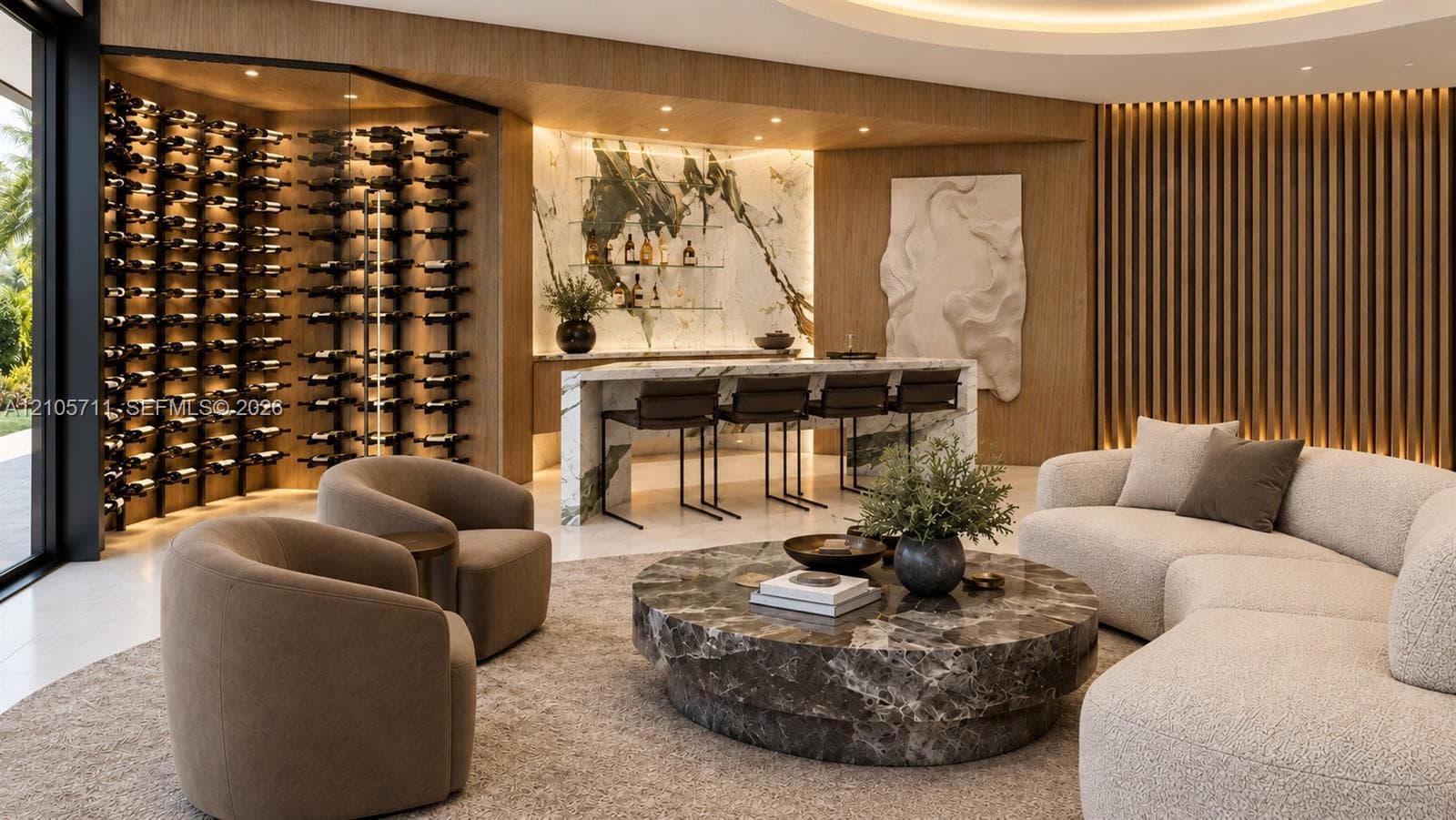 Custom bar area featuring stone surfacing, integrated wood-panel accent walls, and a dedicated temperature-controlled floor-to-ceiling wine display