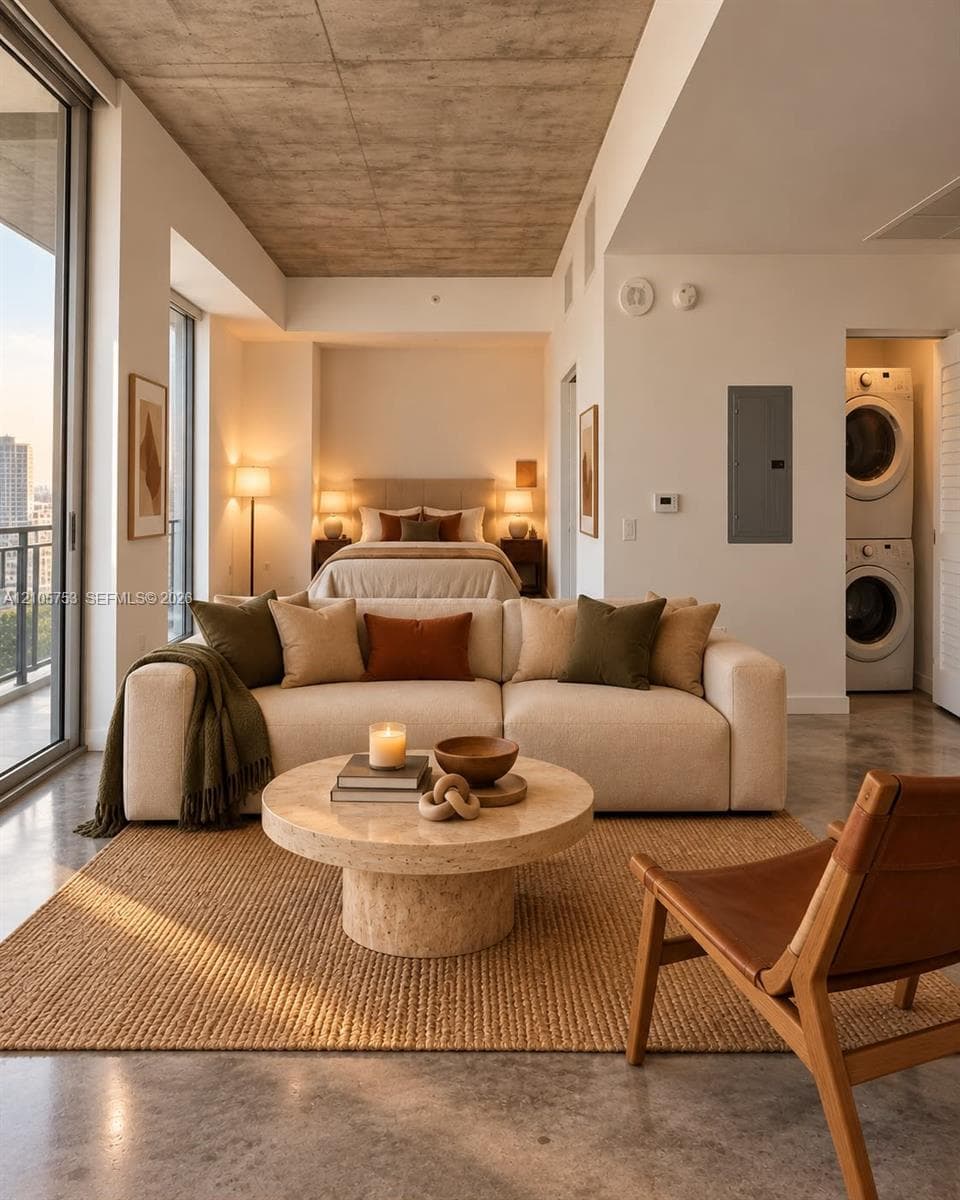 Exposed raw concrete ceiling, polished concrete flooring, floor-to-ceiling glass sliding doors, and built-in stacked laundry unit